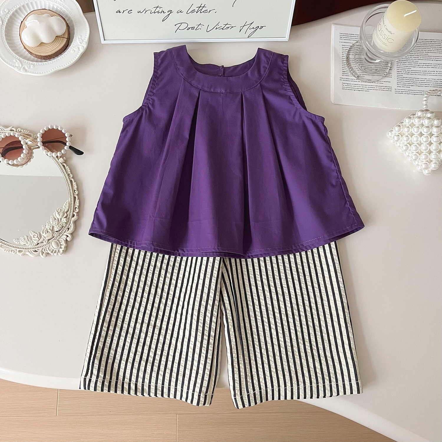 Mädchen Sommer Set Ärmelloses Oberteil Und Gestreifte Hose_voghion.com