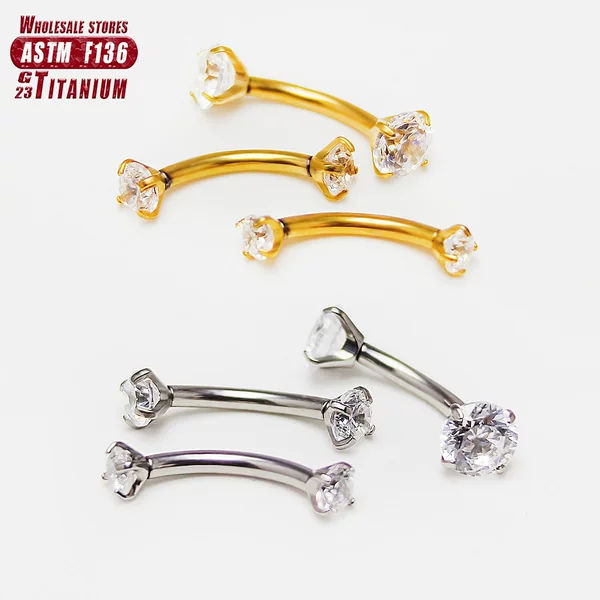 F136 Titanium Internal Thread Double Zircon Curved Rod 16g Eyebrow Nail Lip Nail Piercing Implantable Titanium Alloy Jewelry Cross-Border