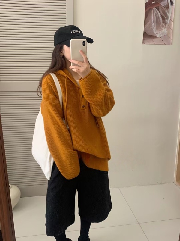 韩系纽扣半开领连帽针织衫女中长款慵懒风宽松休闲套头毛衣卫衣潮|undefined