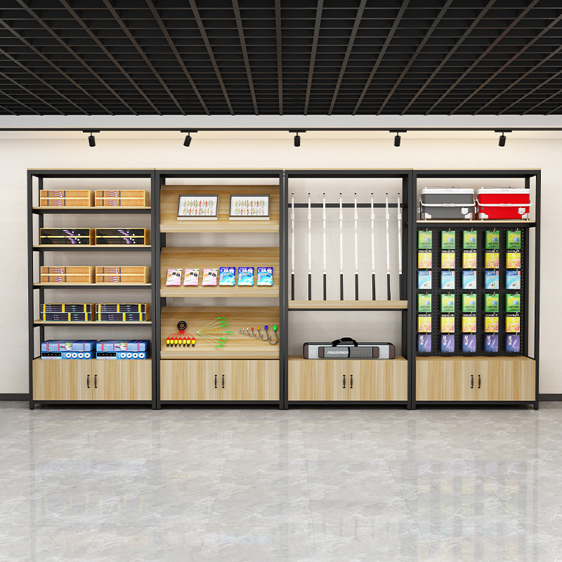 渔具店展示柜鱼竿货架饵料架精品多层钓箱展示架挂钩架鱼漂陈列柜