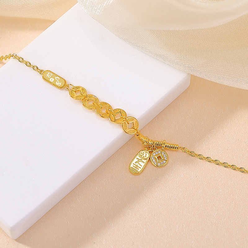 Dây chuyền bạc 925 mạ vàng mặt đồng tiền ngũ đế chiêu tài nạp phúc cát ngôn — Loại bạc