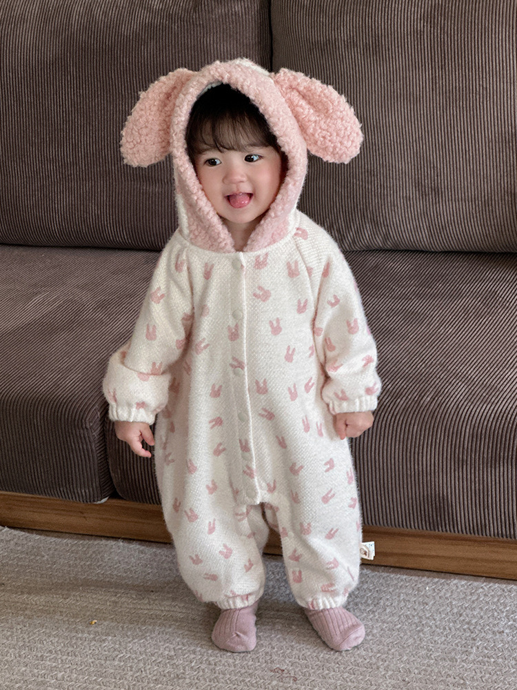 Ropa de bebé invierno niña bebé mono princesa estilo extranjero conejo exterior ropa gruesa mampara con capucha ropa de invierno