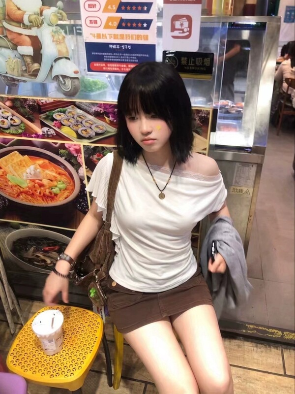[Official Image] 1189 # 180g Cross-Threaded Fabric + Short-Sleeved T-Shirt + Slim Fit Short Top + Asymmetrical Lace Splicing
