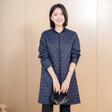 严选YUN韫中长款菱形格春季棉衣女夹棉设计感休闲轻薄棉服外套