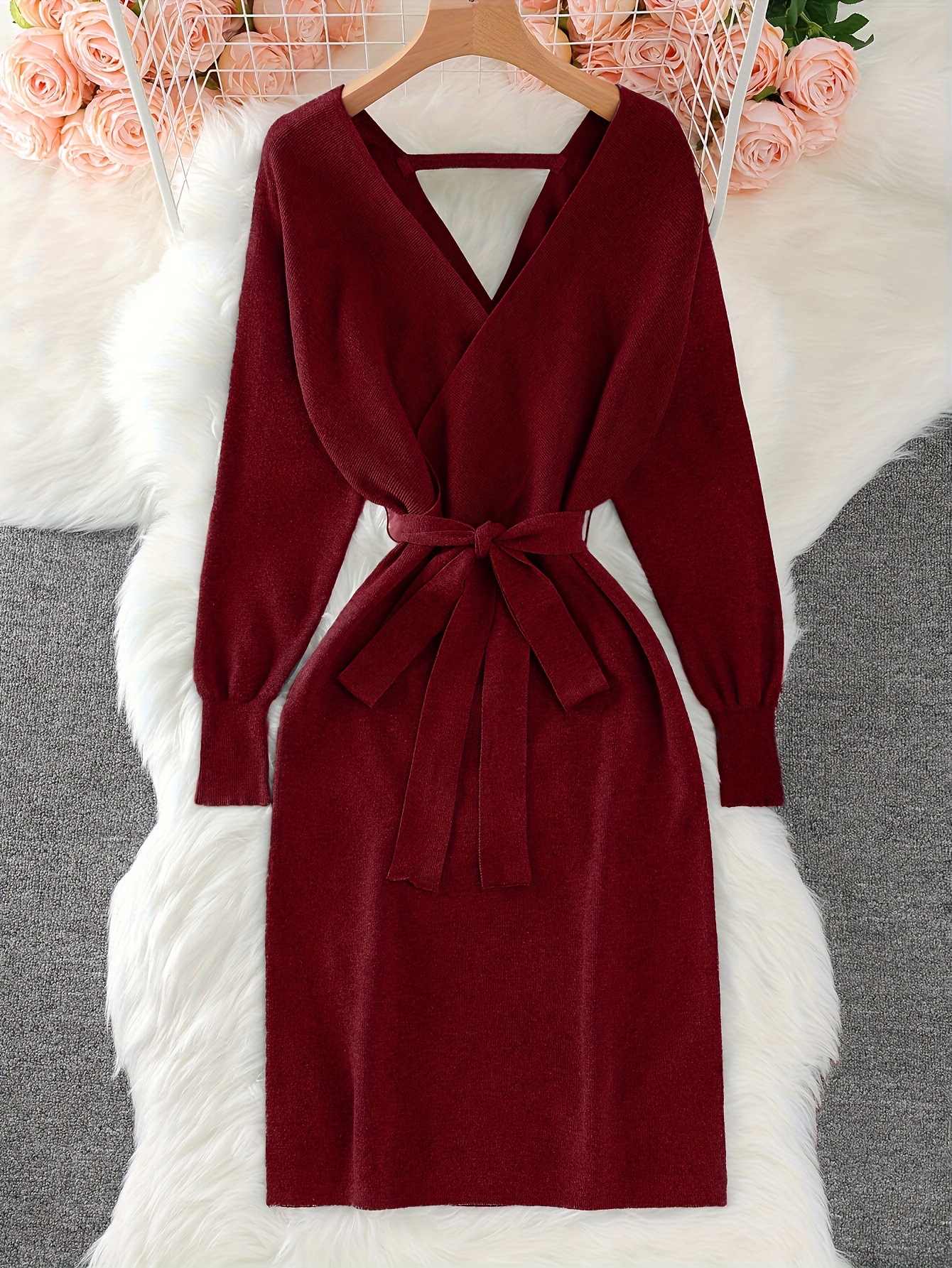 Women's Solid Color Knitted Dress With Bow Belt V Neck Long Sleeve Fashion_voghion.com