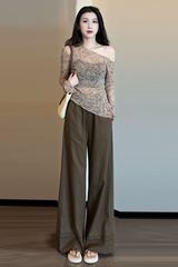时尚套装女2025春秋新款时髦洋气不规则T恤上衣阔腿裤气质两件套