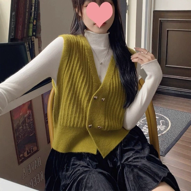 2023 Вязаный жилет Осенне-зимний женский двубортный с V-образным вырезом Вязаный жилет без рукавов в Вертикальную Полоску с V-образным вырезом Кардиган Женский Топ