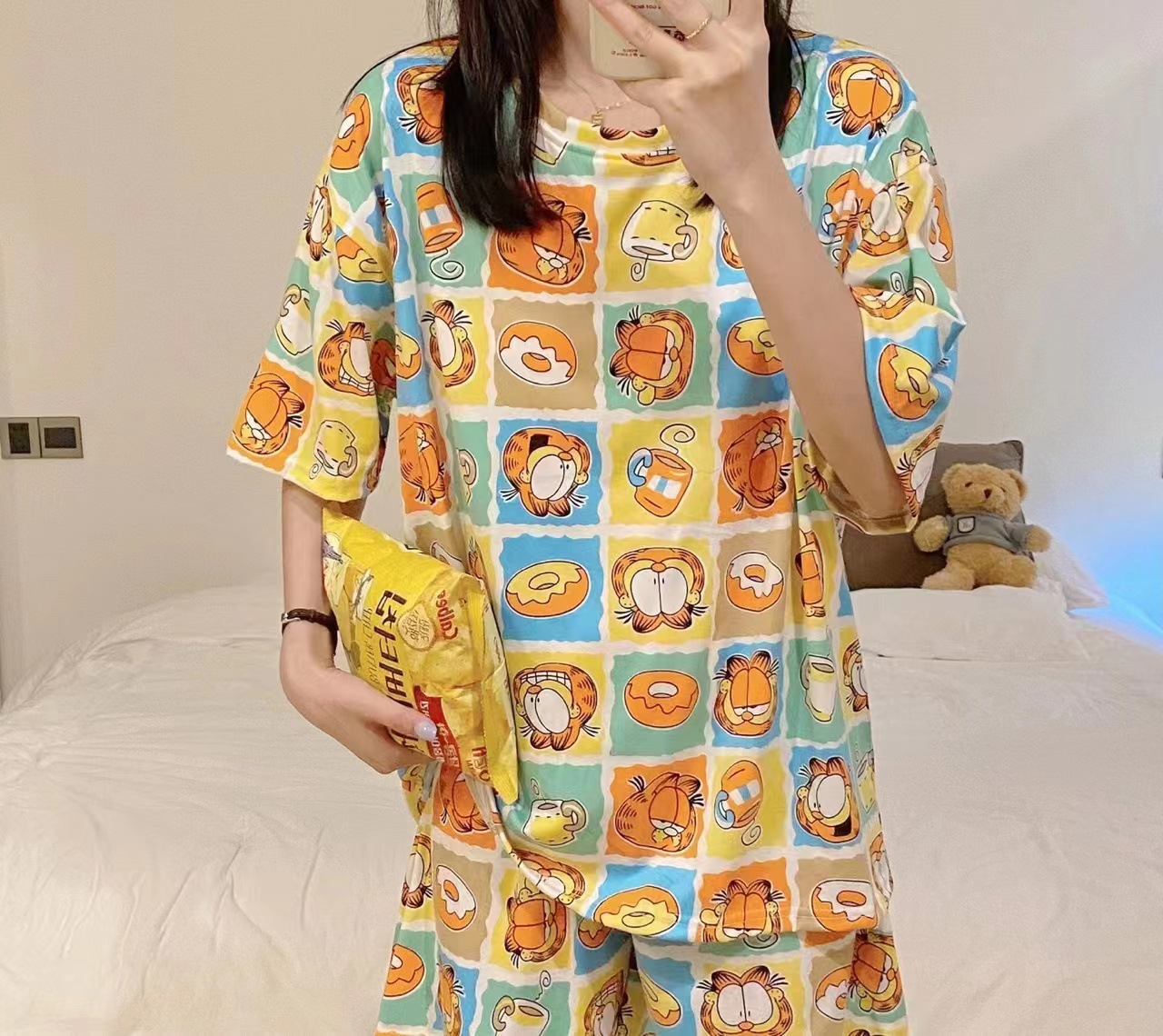 Pijamas de oso de dibujos animados de manga corta de verano para mujeres estudiantes lindo cuello redondo verano Delgado dulce casual traje de desgaste para el hogar