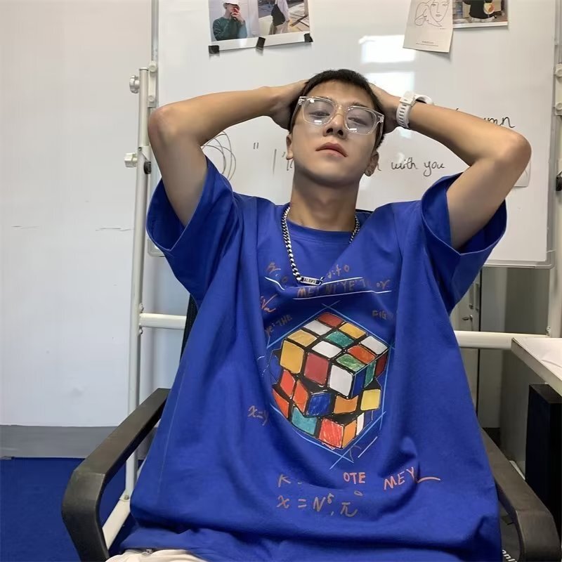 100 Cotton Hong Kong Style Trendy Rubik's Cube Printed Short-sleeved T-shirt Men's Summer Loose Half-sleeved All-match Top Couple
