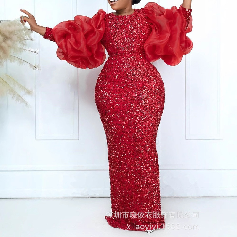 Amazon Cross-Border Trade European and American Plus-Size Puff Sleeve Sequin Embroidery High-Waisted Elegant Women's Dress Evening Gown