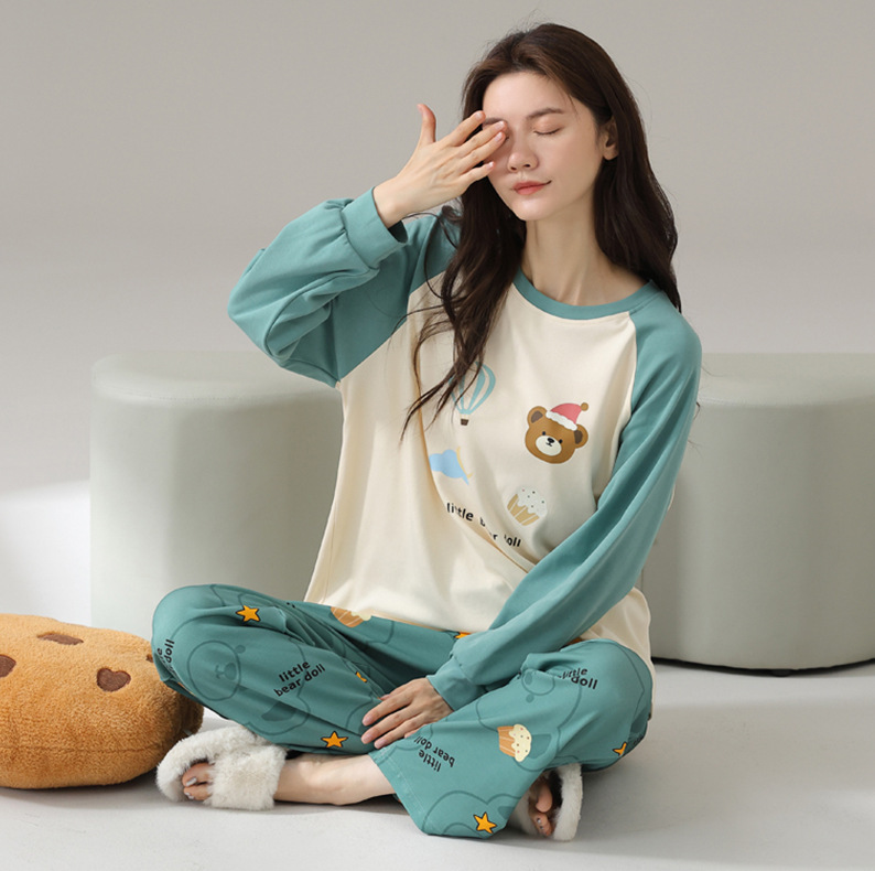 2026 Autumn New Pure Cotton Pajamas for Women, Round Neck, Warm Homewear, Long Sleeve, Long Pants, Sweet and Cute Sleepwear