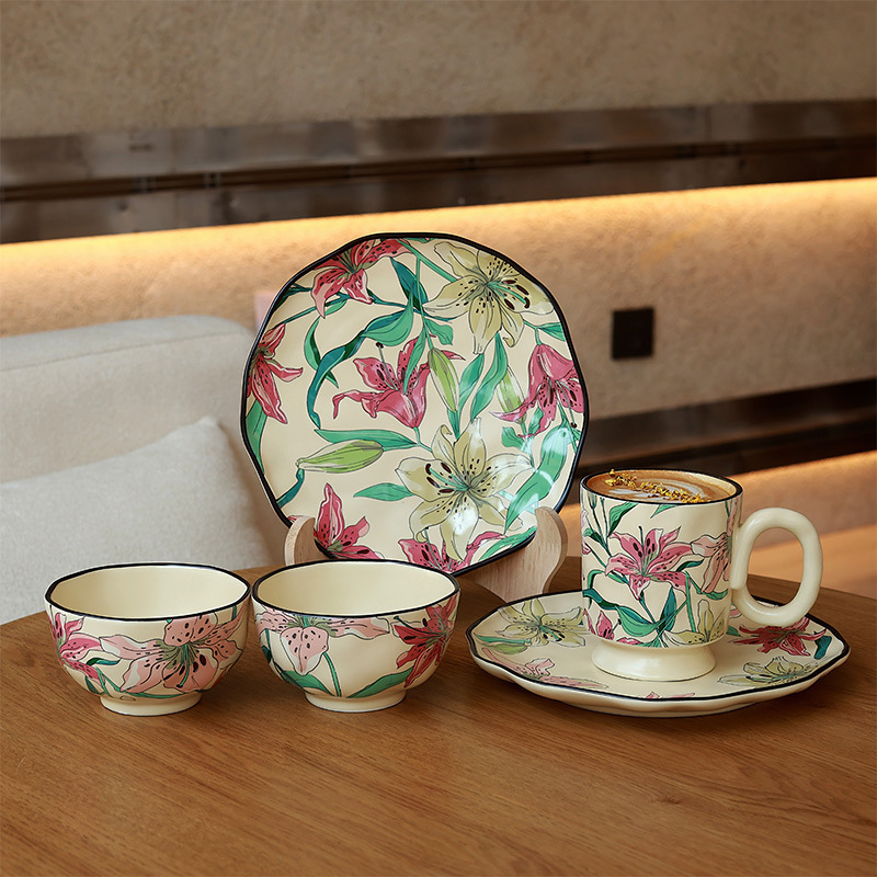 Shang En Hand-Kneaded Lily Fresh Tableware Set Household Ceramic Bowls, Plates, Dishes, Cups, Mugs for Drinking Water