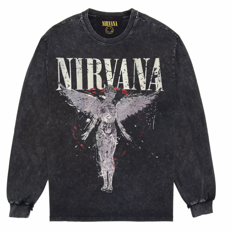 Nirvana Vintage American retro apenado rock punk angustiado lavado batik Camiseta de manga larga