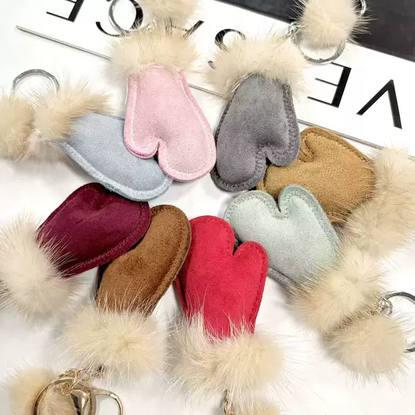 A Pair of Wool Gloves Pendant, Cute and Personalized Plush Bag Accessory, Mink Fur Pom-Pom Car Keychain
