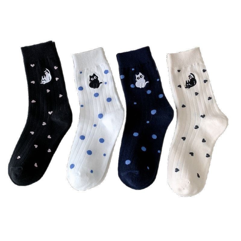 Cross-Border Amazon Etsy Spring and Summer New Socks Polka Dot Heart Cartoon Animal Cat Embroidered Mid-Calf Women's Socks