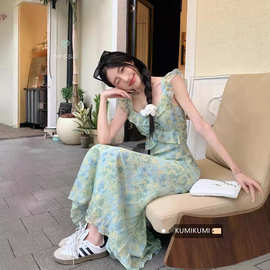 【双层＋内里】新款碎花v领飞飞边清冷大美人设计感显瘦斜裁连衣