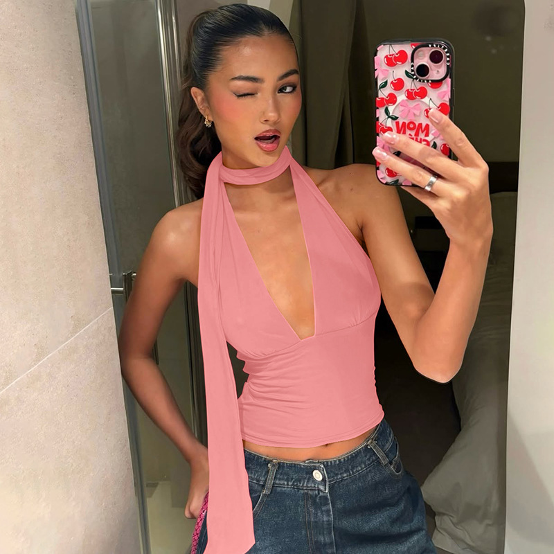 Women's Low Cut Camisole Top American Style With Scarf Tie Up Back Hollow Design Sexy Hot Summer Tank Top_ecoleips.com