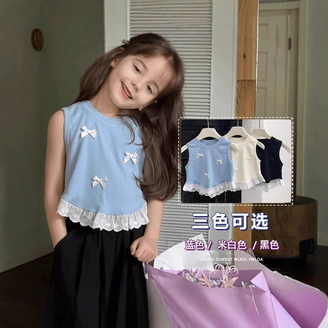 2024 корейская версия бантика летняя жилетка новая детская сладкая кружева без рукавов футболка топ