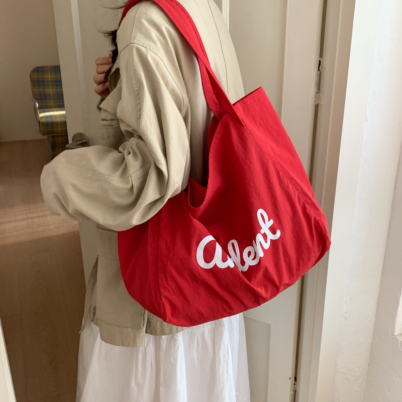 2026 Summer Shoulder Bag Drawstring Canvas Bag Large Capacity Ins Tote Bag Commuter Handbag Women's Letter Print