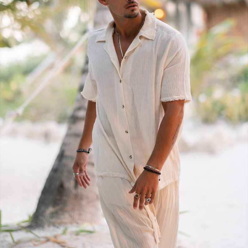 2025欧美短袖衬衫休闲裤两件套男装新款修潮流纯色男式时尚套装