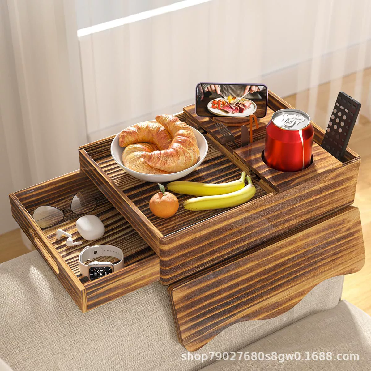 Деревянный поднос для держателя чашки для дивана, держатель для пульта дистанционного управления, поднос для закусок с вращающимся держателем для телефона с выдвижным ящиком, тарелка для ленивой трапезы