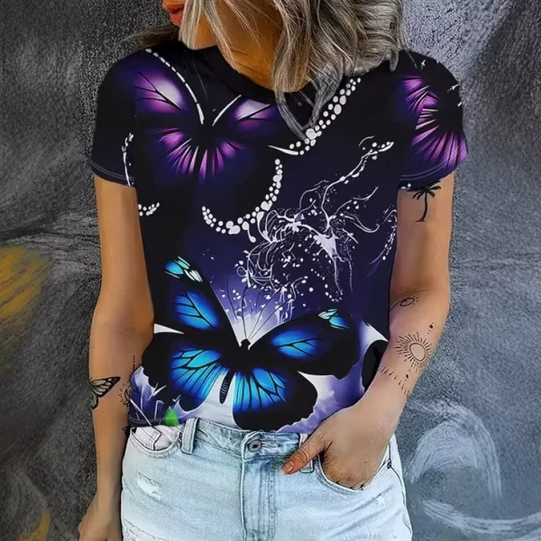 Cross-Border European and American New Style Women's Printed T-Shirts with Multiple Patterns, American-Style Printed Elastic Casual Short-Sleeve Shirts, Factory Wholesale