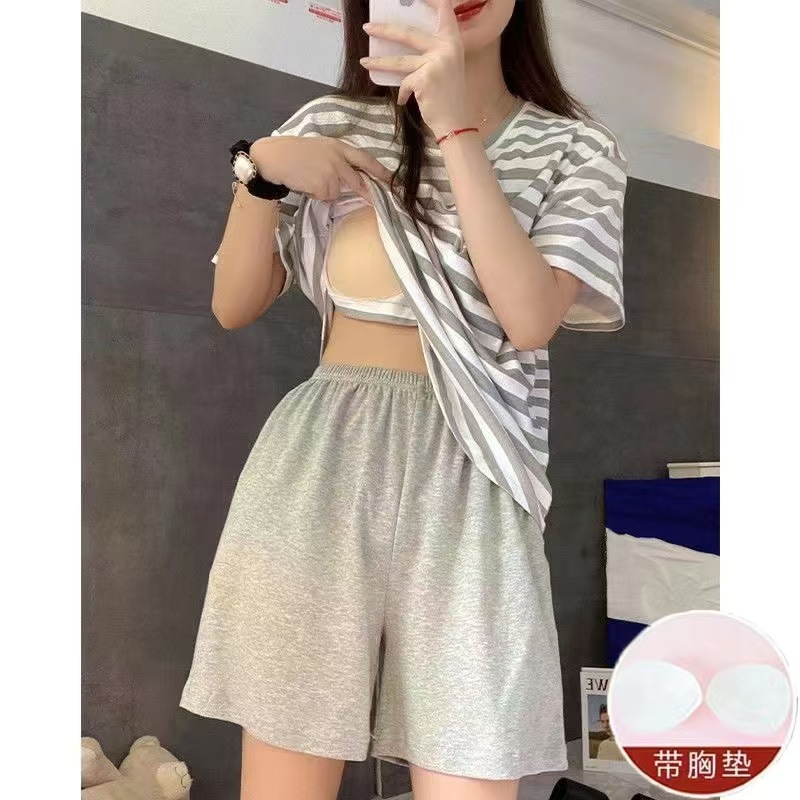 Conjunto de pijama de manga corta con cuello en V y almohadillas en el pecho, estilo nuevo para comercio transfronterizo, ropa de estar informal a rayas de verano para mujer.