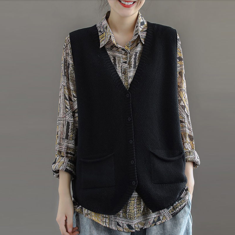 Loose Sweater Vest Women's Autumn and Winter Sleeveless Knitted Cardigan Fashion Vest Women's Large Size Waistcoat Short Outer Wear