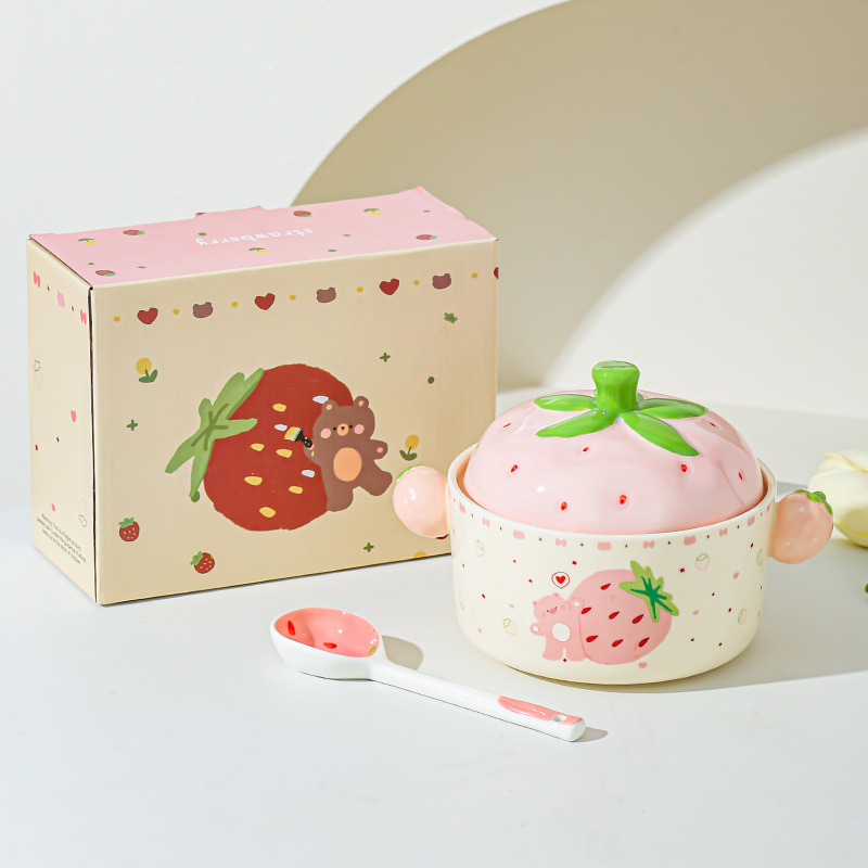 Cartoon Strawberry adorable tazón de fideos de chicas bolos de fideos caseros bolos de cerámica de doble oreja con cubierta cubierta de platos de regalo set de platos