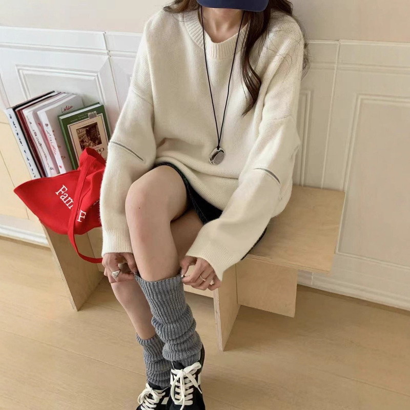 Cross-Border New Loose Large Size Round Neck Arm Zipper Design Lazy Style Simple Pullover Sweater Thick Coat