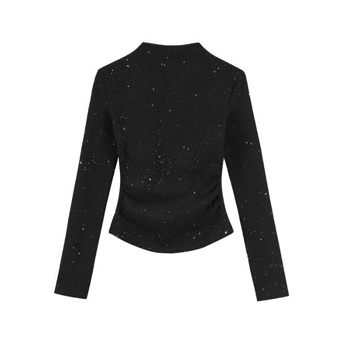 Sequin Glitter Half Turtleneck German Velvet Long-Sleeved T-Shirt for Women in Autumn and Winter Slimming Look Design Pleated Short Sexy Top