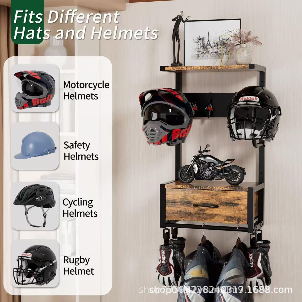 Wooden Motorcycle Helmet Holder Wall-Mounted Helmet Stand with Helmet Rack Riding Gear Accessories Storage Organizer
