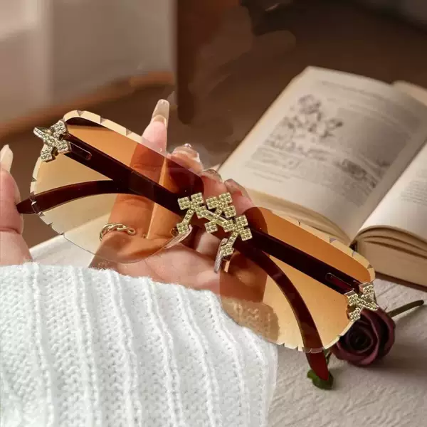 Cross-border Women's Fashion Frameless Trimmed Sunglasses Box High Sense Lace Diamond Lens Fashion Outdoor Street Photoshoot