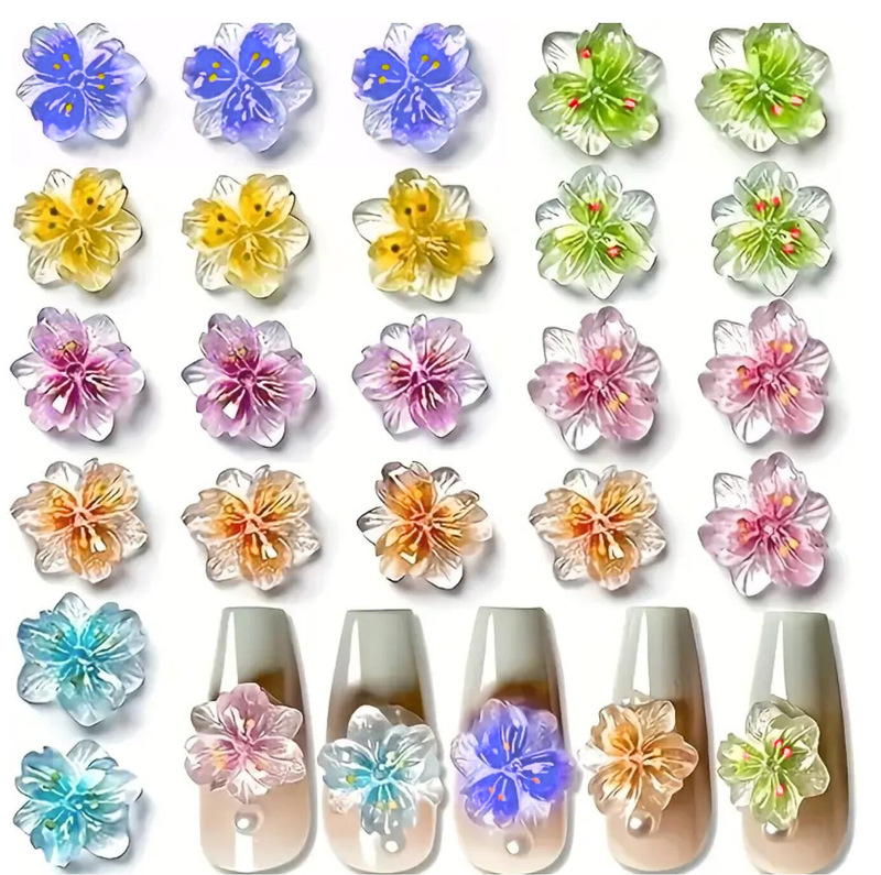 50 Gradient Cherry Blossom Nail Art Accessories, Ice-Transparent Gradient Mixed Style, Aurora Gradient Butterfly Wearable Nail Decoration Materials
