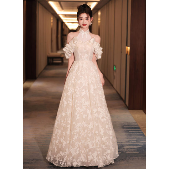 Evening Dress Skirt High-end Light Luxury Niche Light Wedding Dress Hanging Neck off-shoulder Women's 2024 New High-end Sense Vocal Art Test