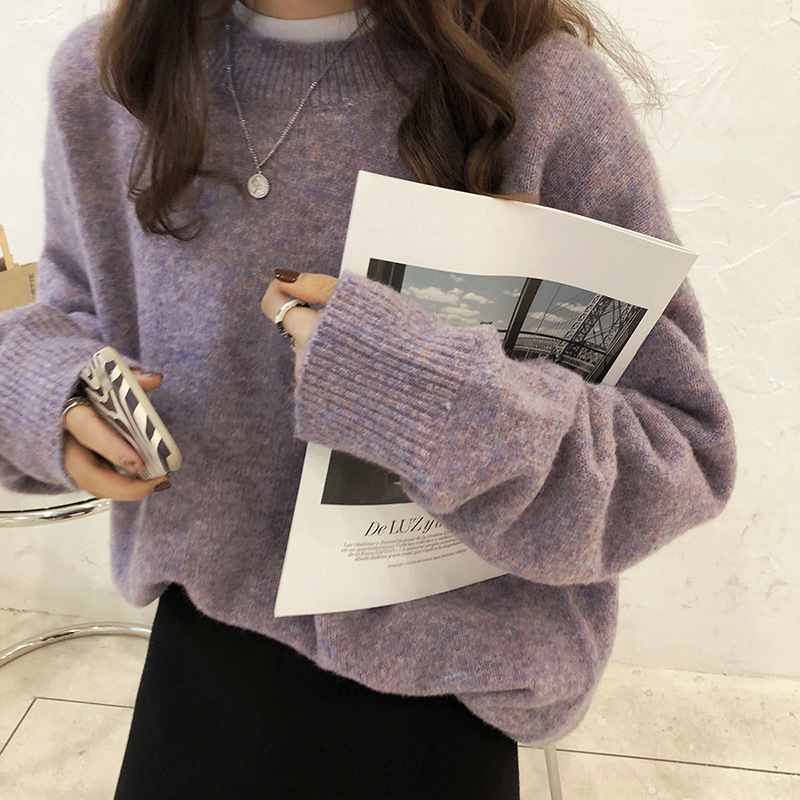 圆领毛衣女秋冬2025新款宽松复古慵懒风纯色套头软糯加厚针织衫女|undefined