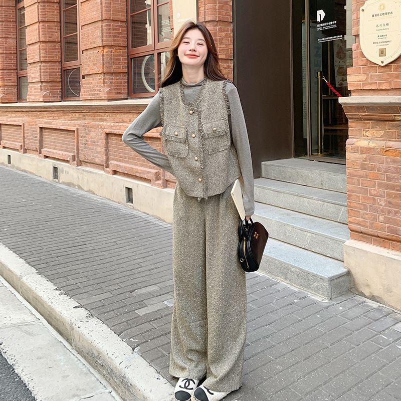 法式流苏边小香风马甲套装女春秋2025新款感气质阔腿裤两件套纯色|undefined