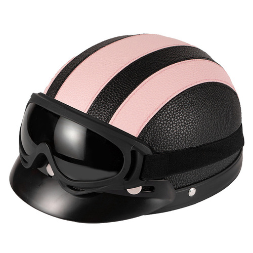 Electric bike PU leather retro helmet with goggles, scarf for men and women riding, sun shading, year-round safety protection, warm half helmet