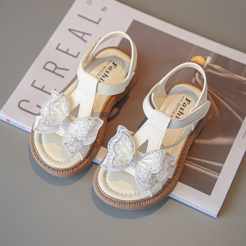 Girls Sandals Summer 2024 New Children's Princess Shoes Casual Bow Little Girls Soft Sole Anti-Slip Summer Style
