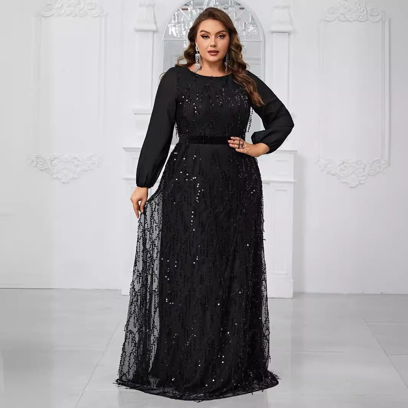 New Style Women's Plus Size Prom Evening Dress Sequined Lantern Sleeves Round Neck Party Elegant Evening Dress-Fmgw1077