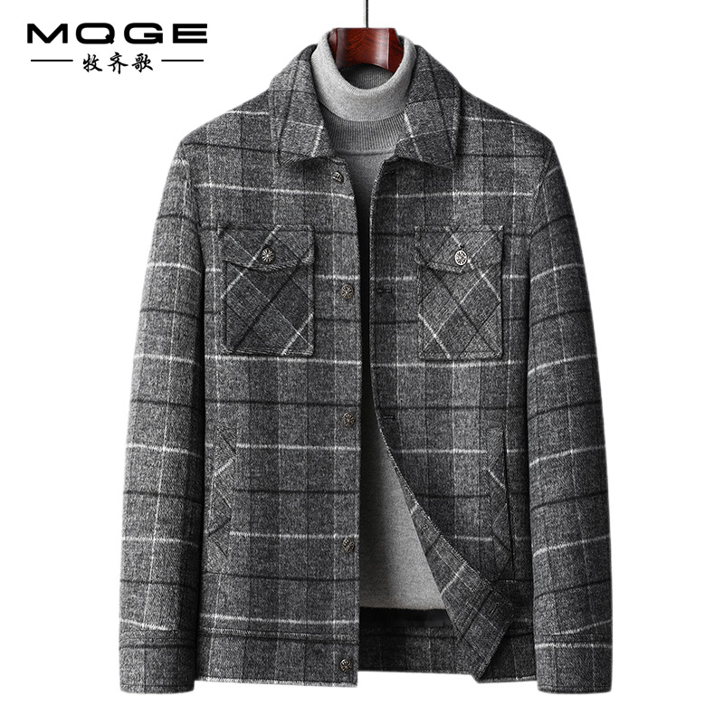 秋冬季新款男士毛呢夹克时尚休闲格子翻领青年羊毛呢夹克加厚外套