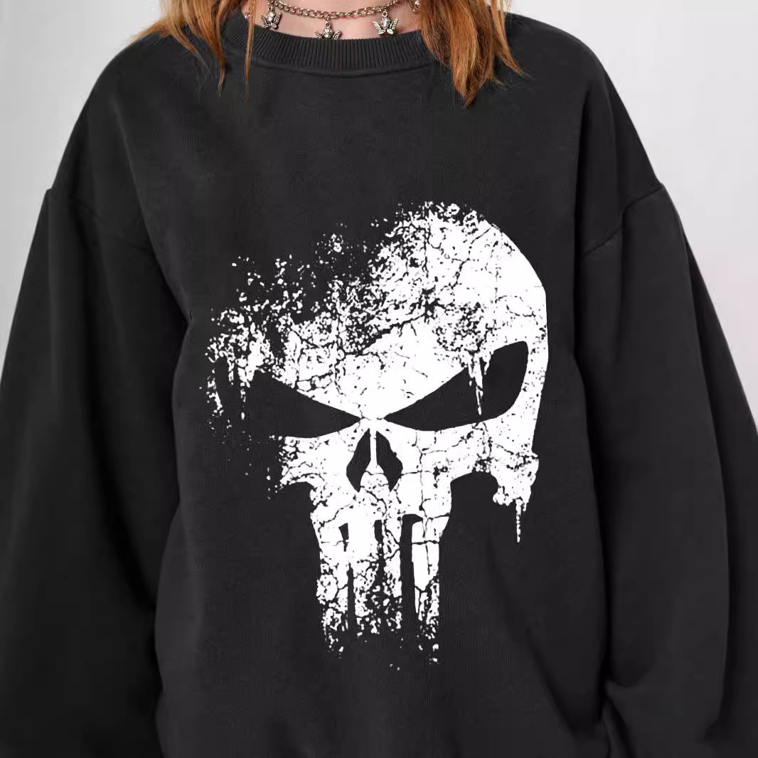 2024 Autumn Round Neck Street Print Sweatshirt Skull Cotton Soft Hoodless Loose Pullover Inner Wear For Women_voghion.com