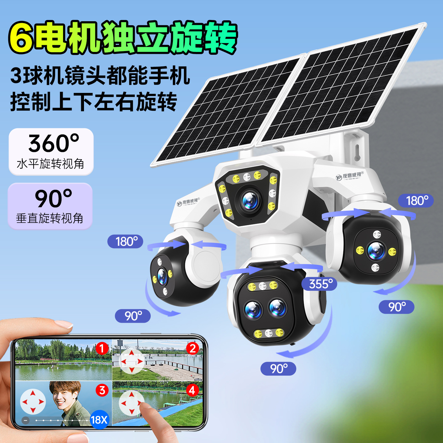 太阳能监控摄像头五镜头18倍变焦四画面360度旋转全彩夜视防水