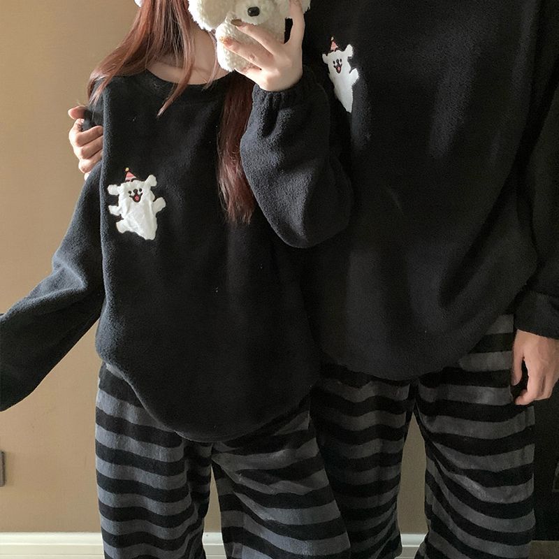 Couple Pajamas for Women in Autumn and Winter Rice Velvet Warm Thickeneded Coral Velvet Men's Cartoon Home Clothes Set Can Be Worn Outside
