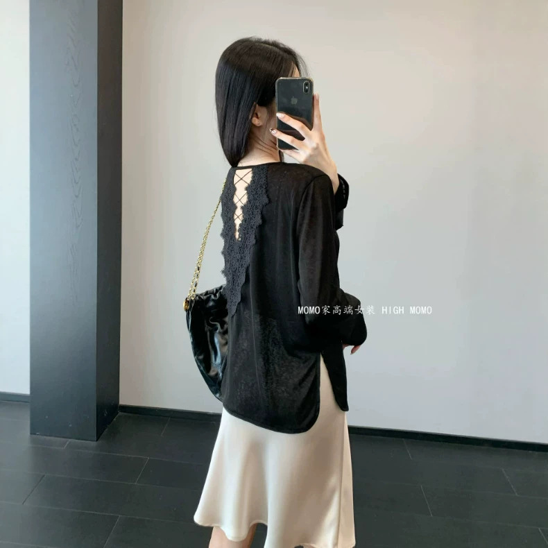Keep Two Pieces for Myself~ Designer Style Cross-Tie Backless Sexy Lace Lyocell Long-Sleeve T-Shirt for Women Summer Ig62