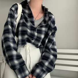 韩国chicBF风格子衬衫上衣女 2025秋冬新款设计感宽松中长款衬衣