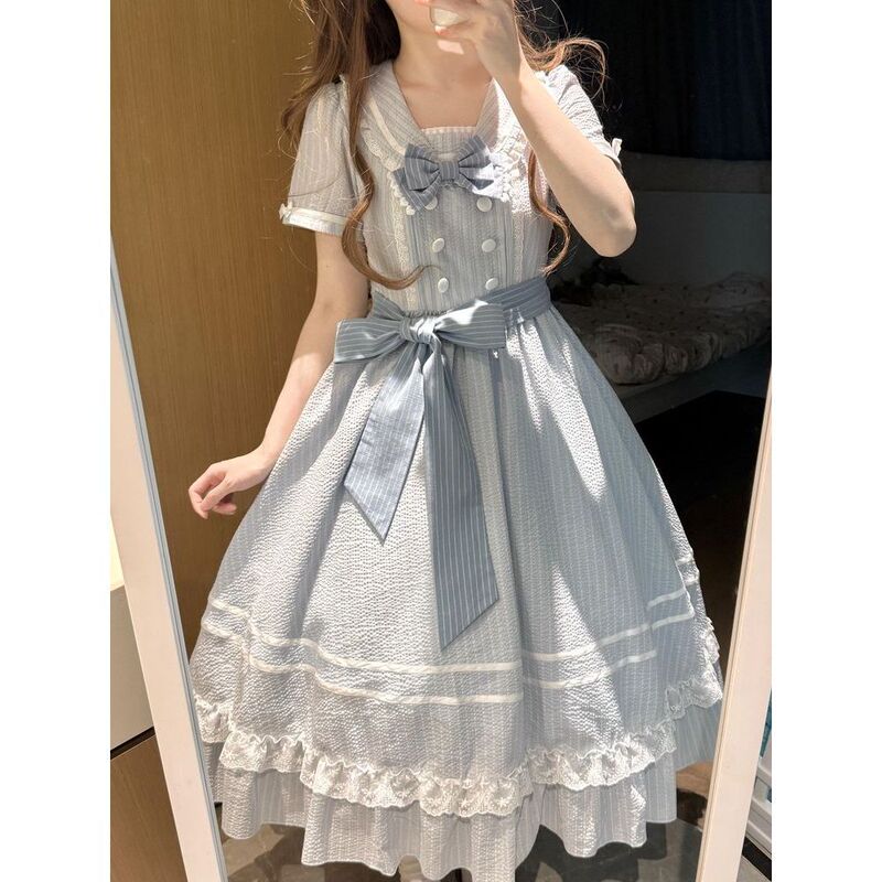 In-stock light blue glass bead Japanese-style sweet striped doll collar tie-waist bow dress and apron set