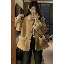 复古鹿皮绒羊羔毛加绒外套女冬季宽松加厚保暖皮毛一体机车棉服潮