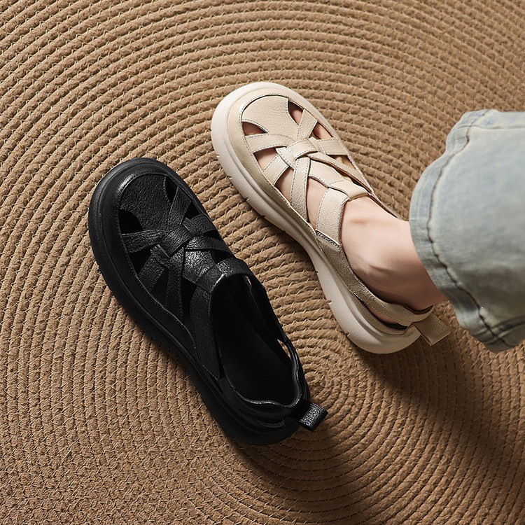 Sandal nữ đế dày da cừu phối quai ngang phong cách học đường — màu đen, màu trắng ngà chi tiết 50