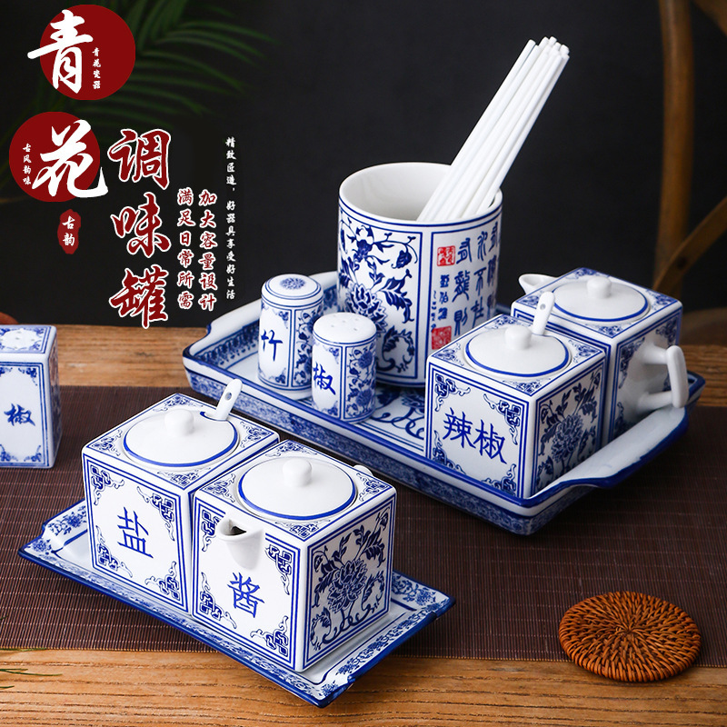 Restaurant Noodle Shop Seasoning Jar Blue and White Porcelain Chili Jar Salt Jar Large Capacity Square Ceramic Vinegar Pot Easy to Clean and High Temperature Resistant